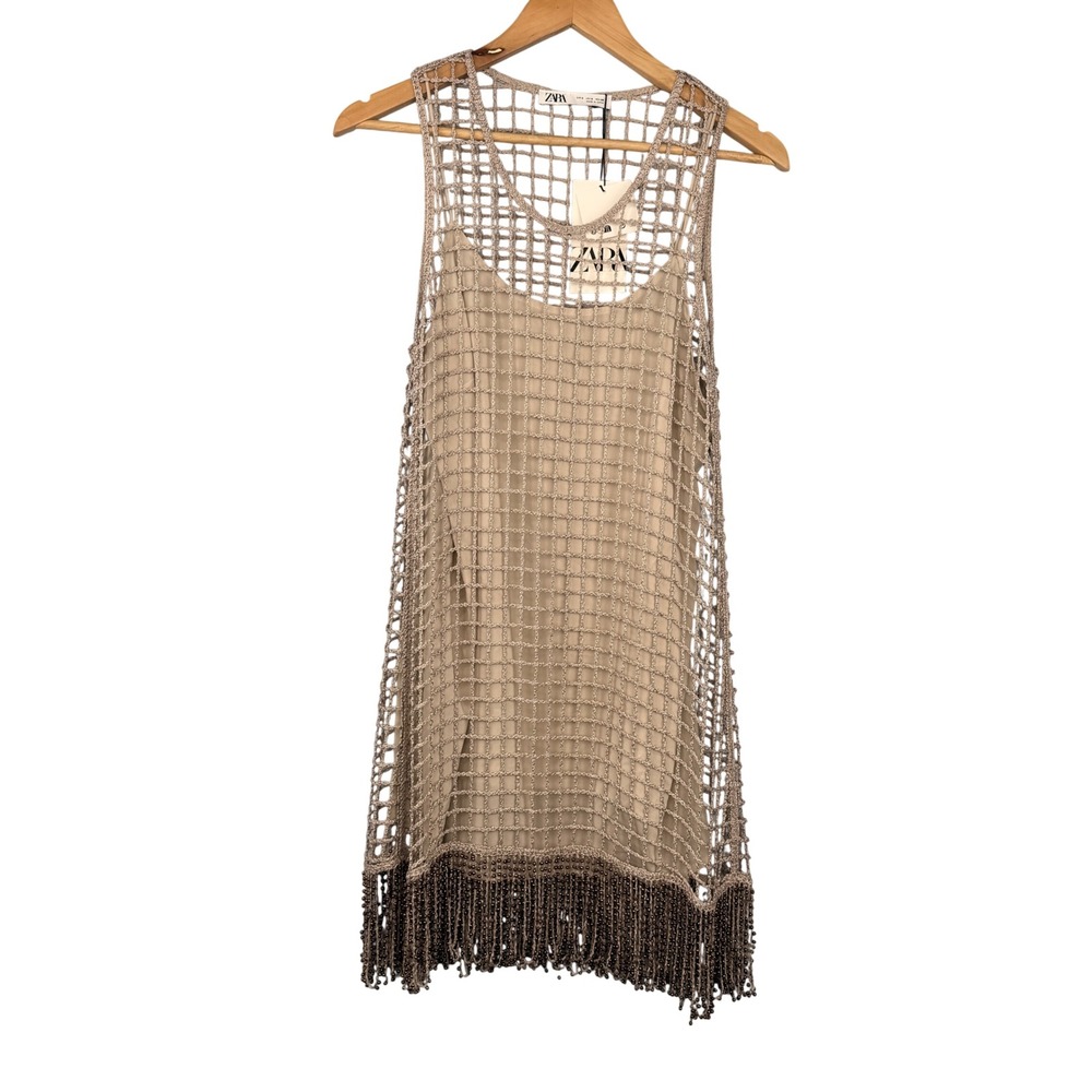Zara Crochet Dress Womens Small Tan Limited Edition Beaded Fringe Mini 0881/406 - Picture 1 of 10